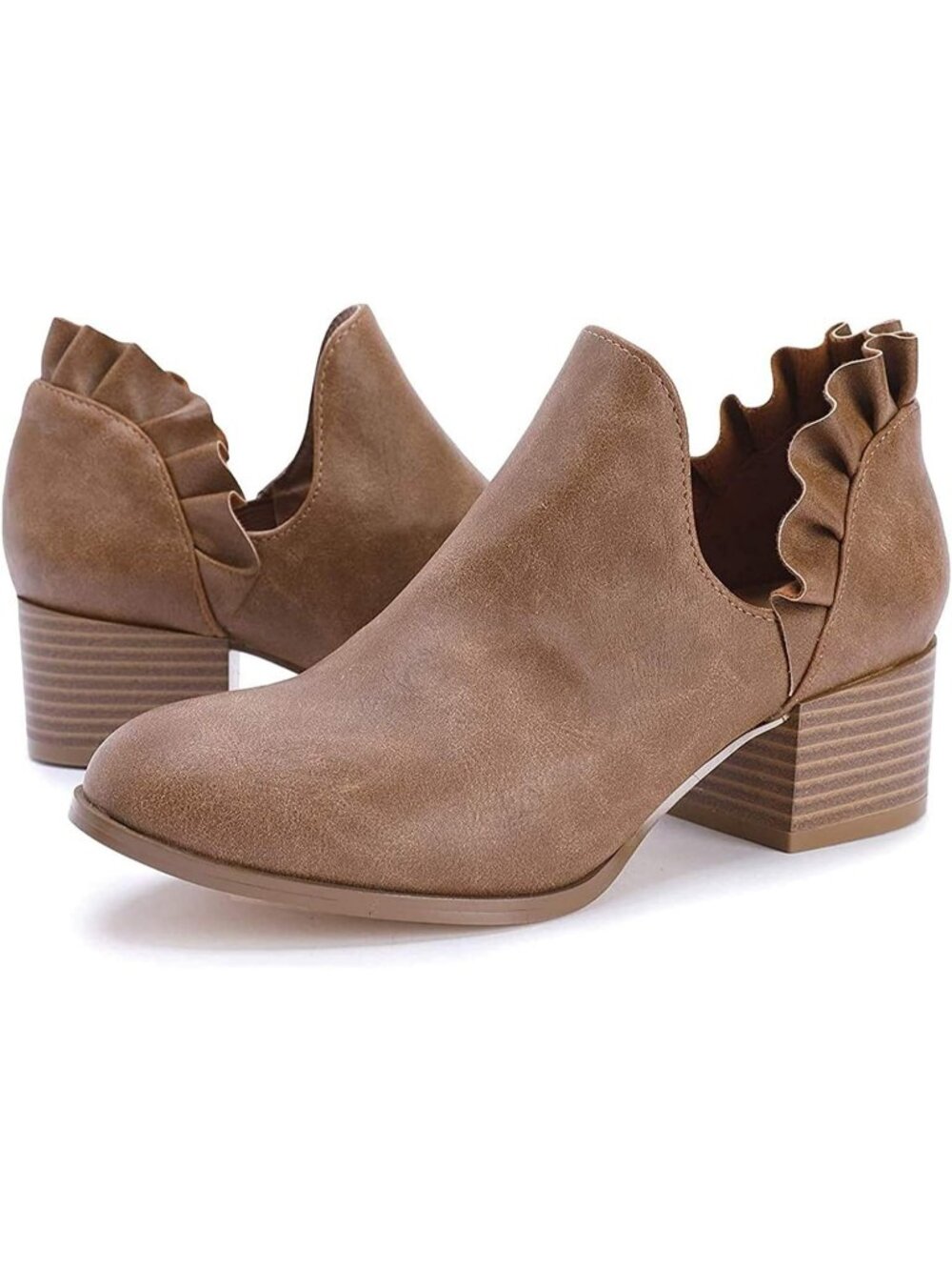 Women's Coffee Faux Leather Fall Cutout Low Stacked Ruffle Slip On Ankle Booties